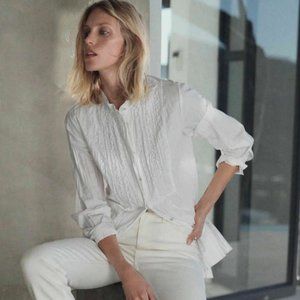 Zara White Poplin Shirt With Ribbed Effect Sz S NWT